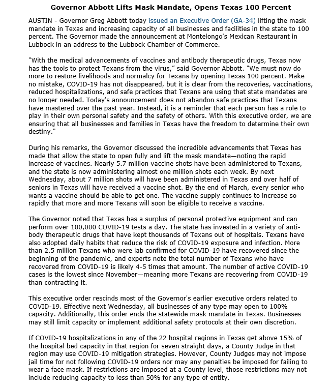 DON’T MESS WITH TEXAS!  MASK MANDATE IS OVER and Next Wednesday: Business to open 100%!!!